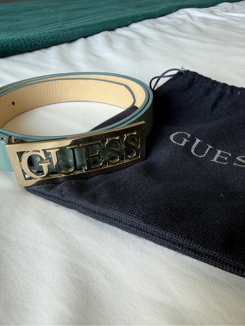 GUESS Women’s Teal Belt with Gold Logo Buckle